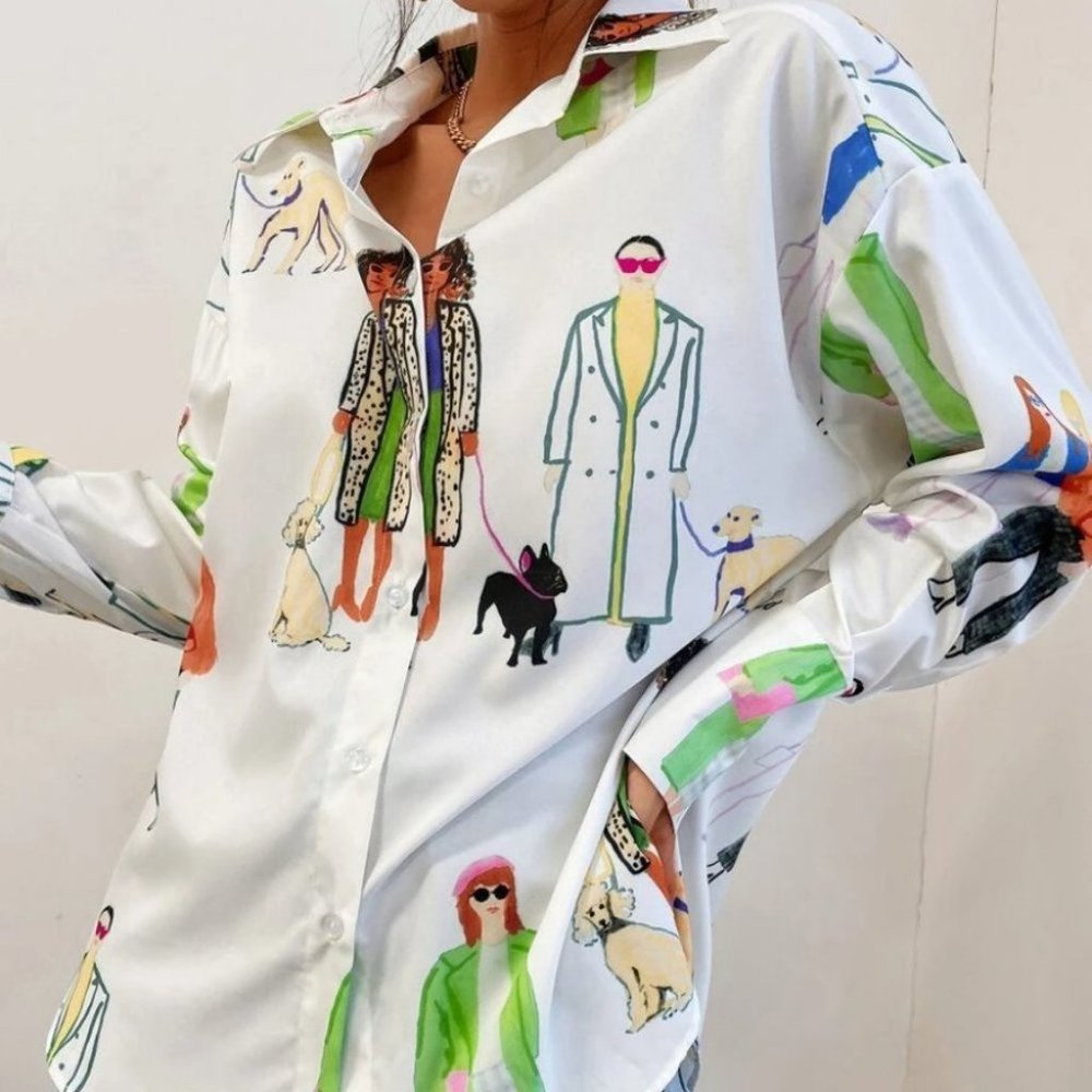 Firgure Print Contemporary Button down long sleeve blouse top - Picture 2 of 7